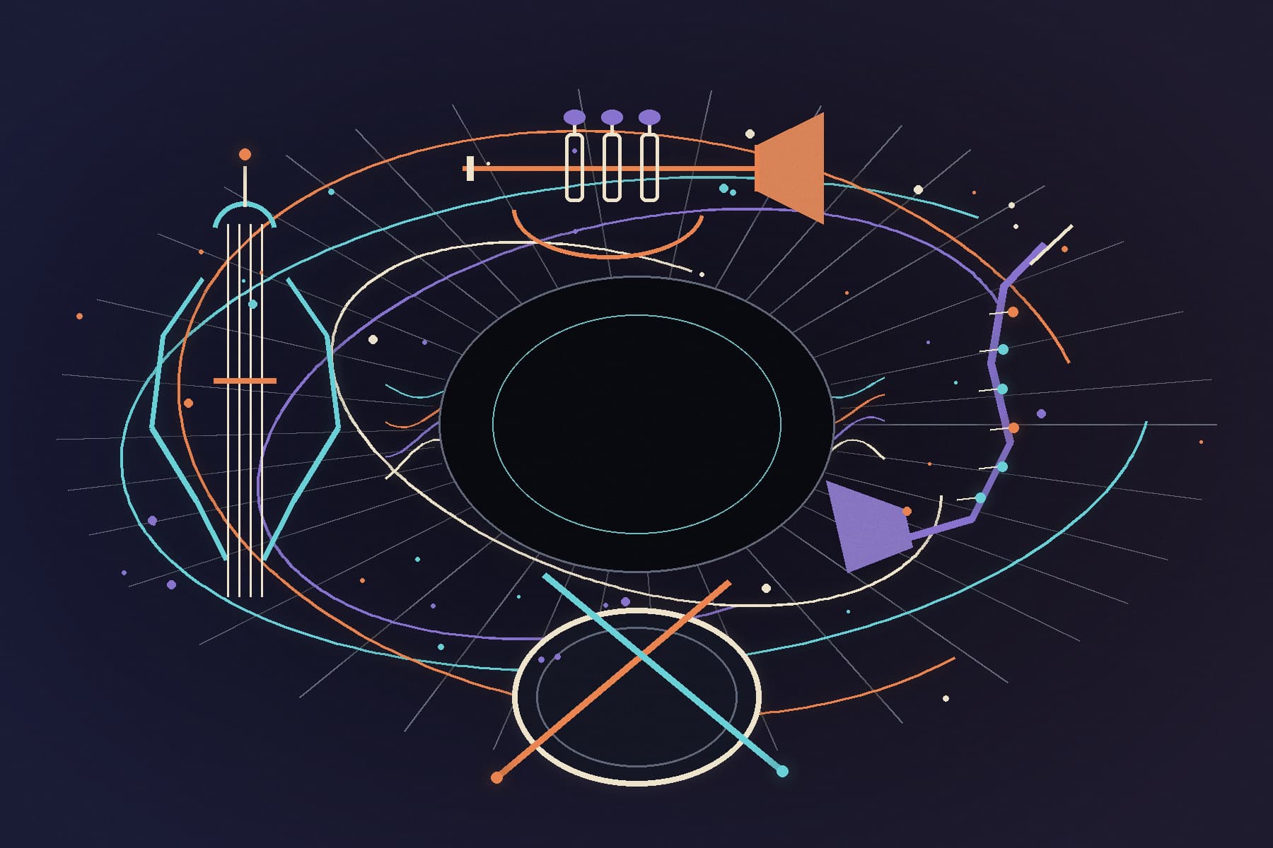 Open Ear Media abstract editorial illustration of bass strings, trumpet valves, saxophone keys and a drum orbiting an unmarked dark center.