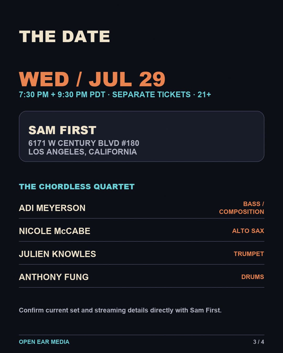 Show details for Wednesday, July 29 at 7:30 and 9:30 p.m. at Sam First, listing Adi Meyerson, Nicole McCabe, Julien Knowles and Anthony Fung.