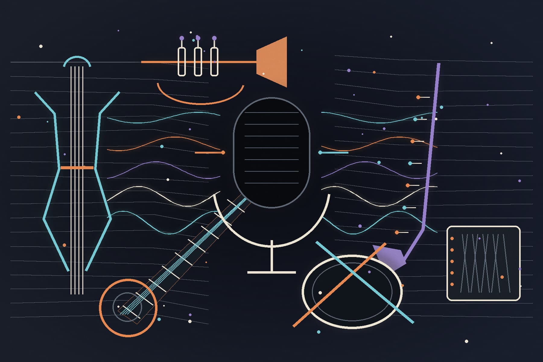 Open Ear Media editorial illustration of an unlit microphone surrounded by acoustic bass, trumpet, soprano saxophone, accordion, guitar and drums.
