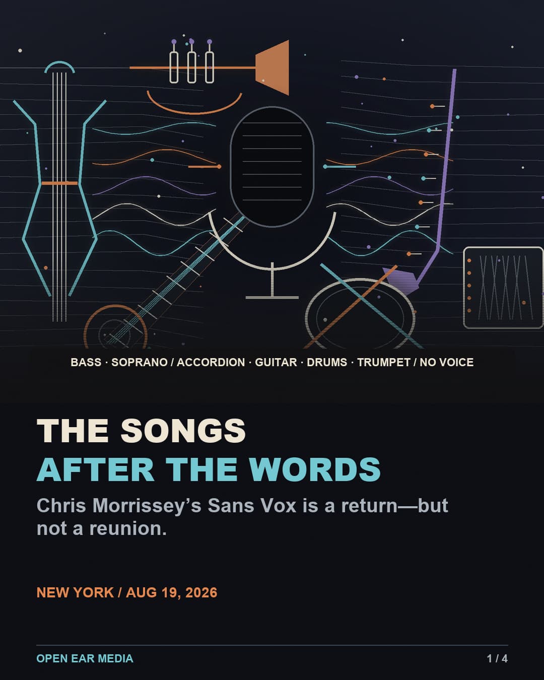 Cover slide with an original illustration of an unlit microphone surrounded by bass, trumpet, soprano saxophone, accordion, guitar and drums. Text: ‘The songs after the words.’ Chris Morrissey’s Sans Vox is a return—but not a reunion. New York, August 19, 2026.