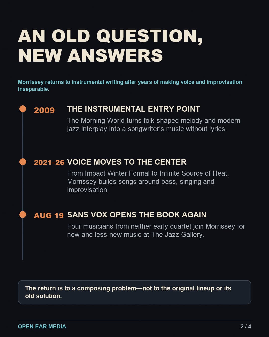 Timeline slide titled ‘An old question, new answers.’ It traces Morrissey’s instrumental 2009 album The Morning World, the voice-led 2021–2026 period, and the August 19 Sans Vox quintet, concluding that the return is to a composing problem rather than an original lineup.