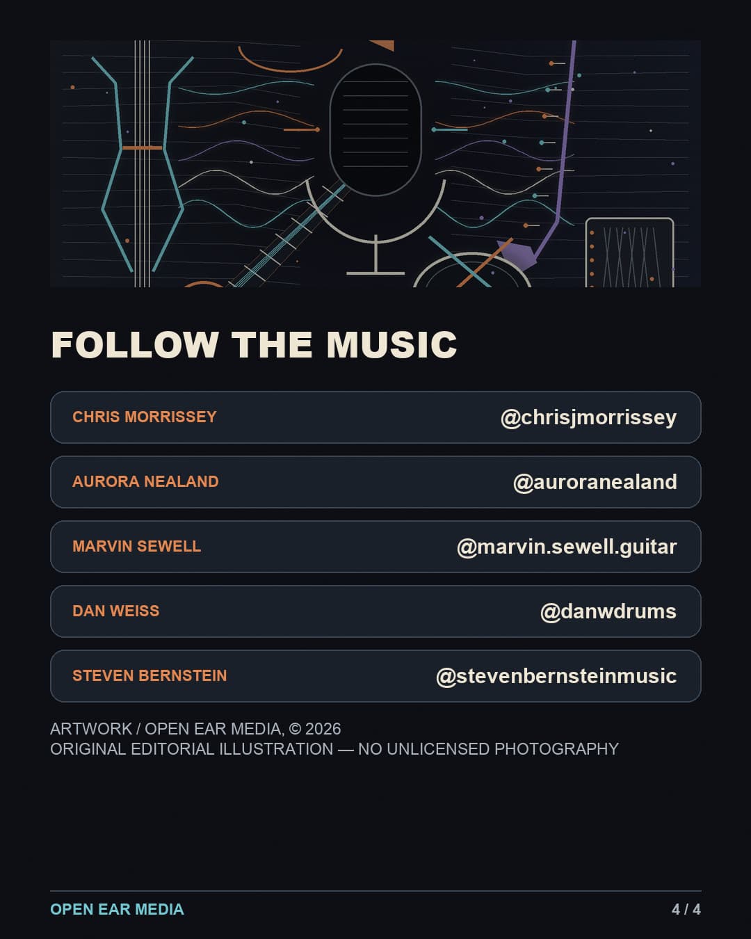 Credits slide with the original Sans Vox illustration, verified Instagram handles for Chris Morrissey, Aurora Nealand, Marvin Sewell, Dan Weiss and Steven Bernstein, and an Open Ear Media original-art credit.