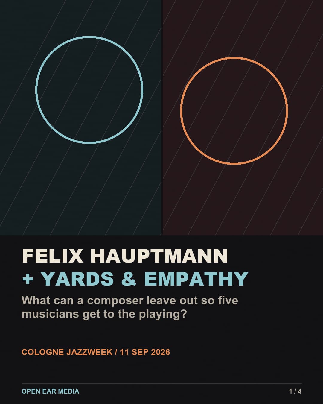 Cover slide with intersecting cyan and orange circles: Felix Hauptmann plus YARDS & EMPATHY. It asks what a composer can leave out so five musicians get to the playing, and identifies Cologne Jazzweek on September 11, 2026.