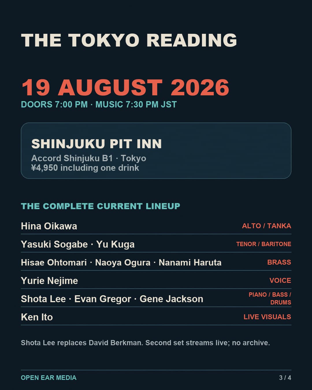 Event slide for August 19, 2026 at Shinjuku Pit Inn. Current lineup: Hina Oikawa, Yasuki Sogabe, Yu Kuga, Hisae Ohtomari, Naoya Ogura, Nanami Haruta, Yurie Nejime, Shota Lee, Evan Gregor, Gene Jackson and visual artist Ken Ito.