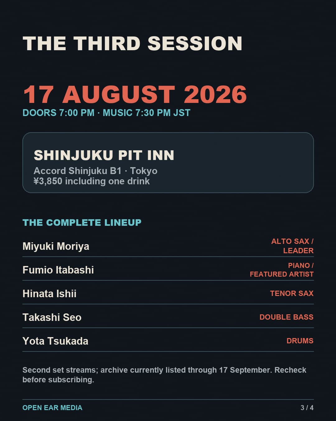 Event slide for August 17, 2026 at Shinjuku Pit Inn. Complete lineup: Miyuki Moriya on alto saxophone, Fumio Itabashi on piano, Hinata Ishii on tenor saxophone, Takashi Seo on double bass and Yota Tsukada on drums.