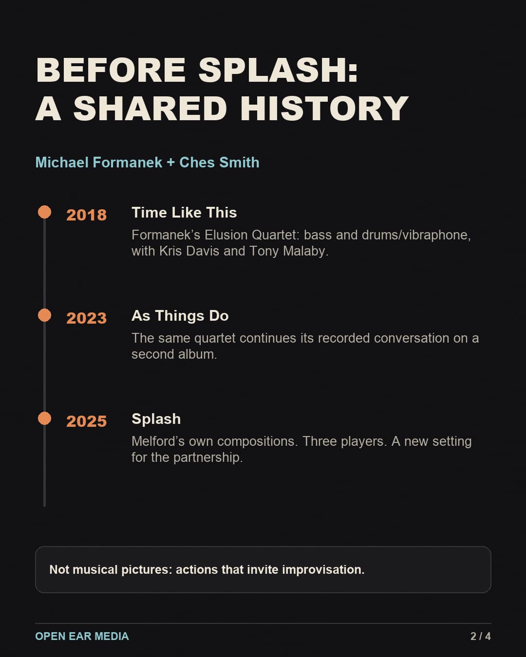 Before Splash: a shared history. Michael Formanek and Ches Smith appear with Kris Davis and Tony Malaby on the Elusion Quartet’s Time Like This (2018) and As Things Do (2023). Splash (2025) puts their partnership inside Melford’s own trio compositions.