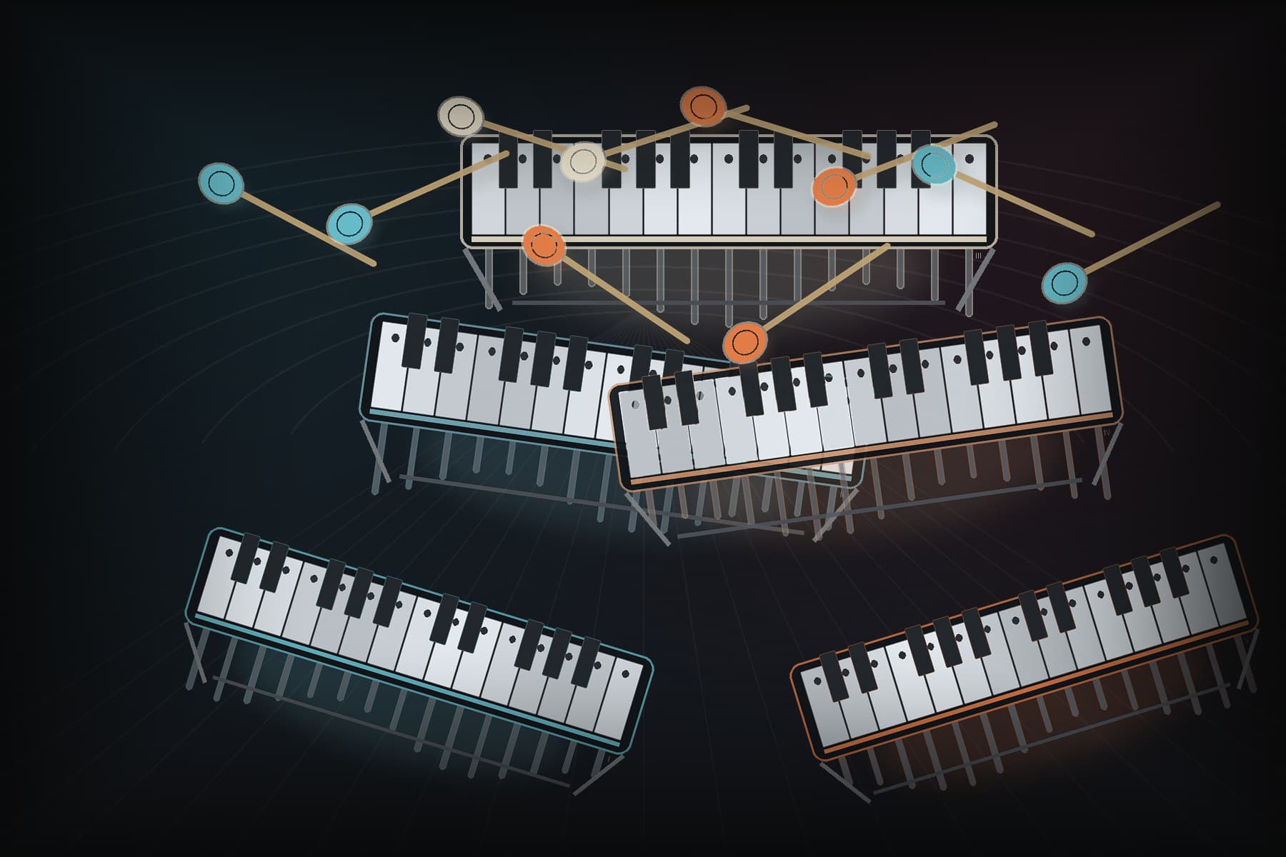 Open Ear Media editorial illustration of five metallic vibraphone keyboards radiating across a dark stage with pairs of orange and blue mallets.