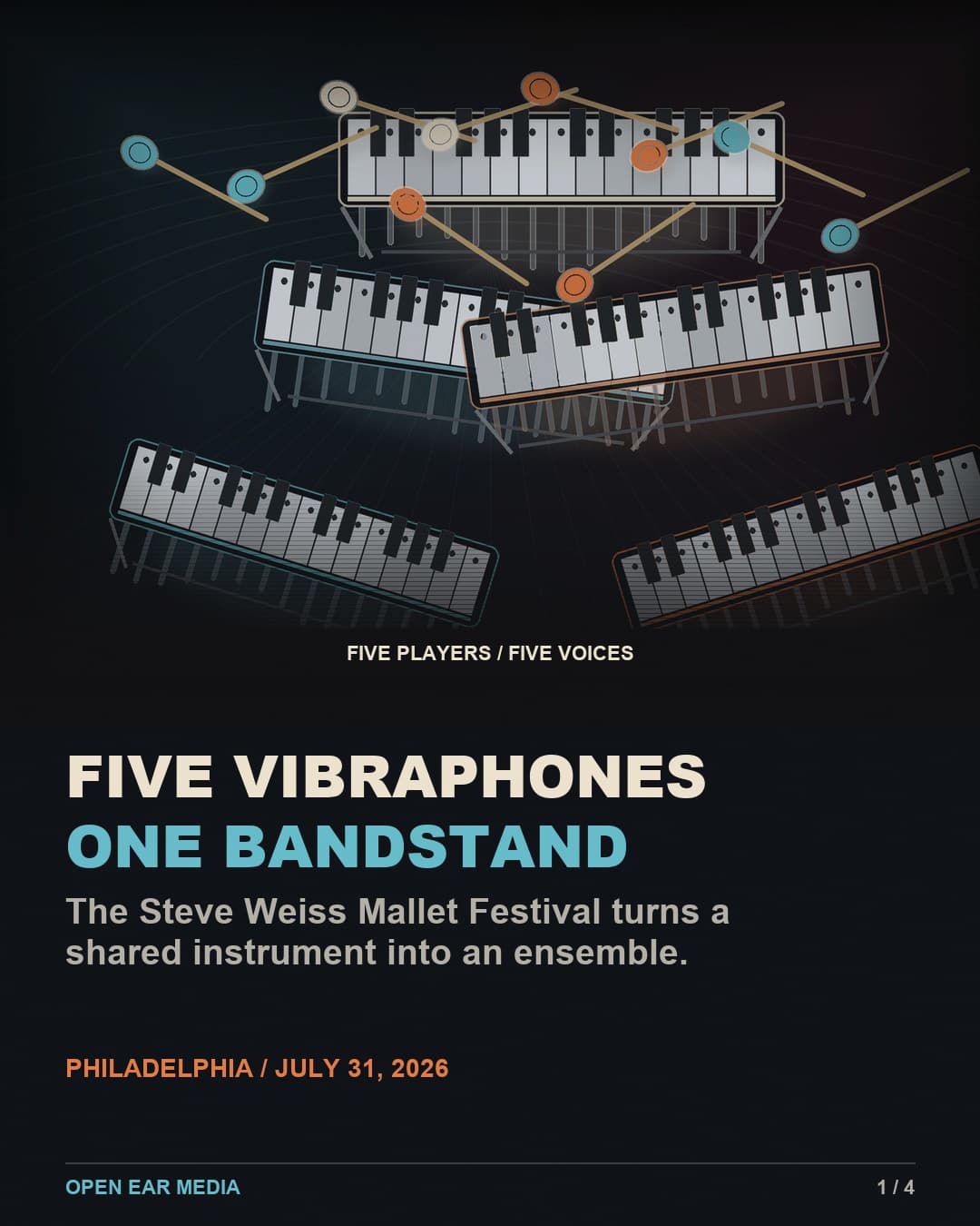 Original illustration of five metallic vibraphones with the headline “Five vibraphones, one bandstand,” for the Steve Weiss Mallet Festival in Philadelphia on July 31, 2026.