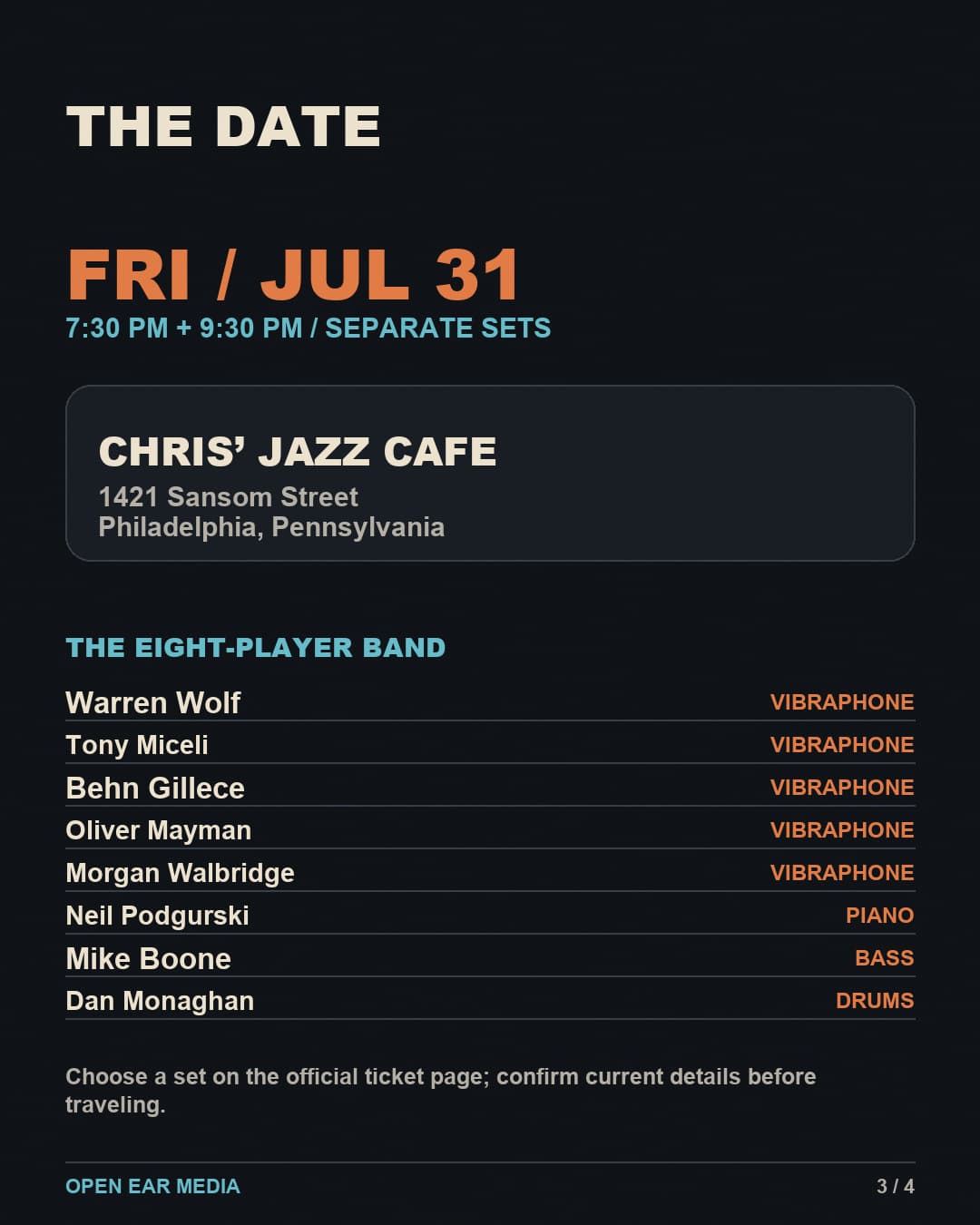 Show details for Friday, July 31 at 7:30 and 9:30 p.m. at Chris’ Jazz Cafe, listing vibraphonists Warren Wolf, Tony Miceli, Behn Gillece, Oliver Mayman and Morgan Walbridge with Neil Podgurski, Mike Boone and Dan Monaghan.