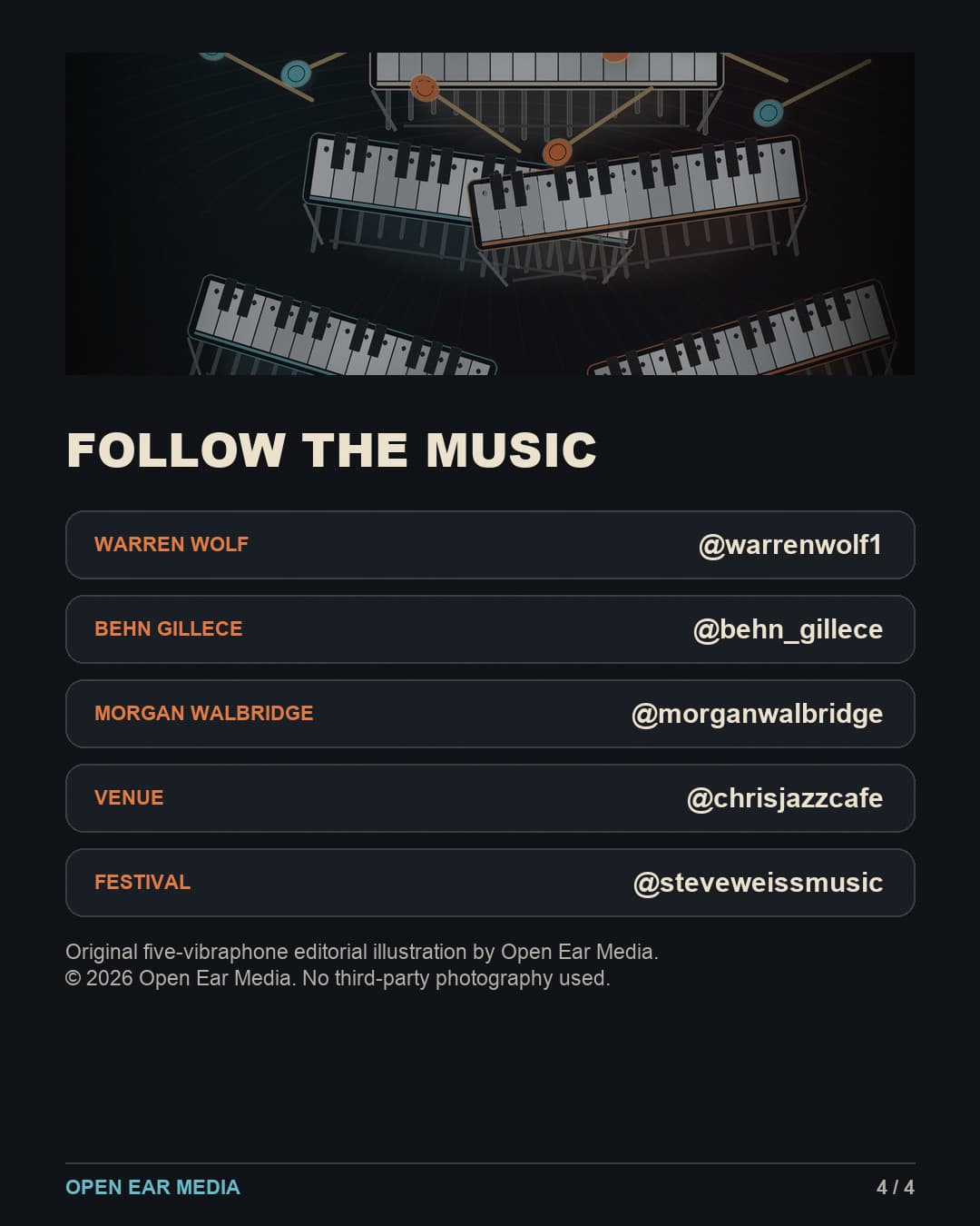 Verified Instagram handles for Warren Wolf, Behn Gillece, Morgan Walbridge, Chris’ Jazz Cafe and Steve Weiss Music, plus the Open Ear Media illustration credit.